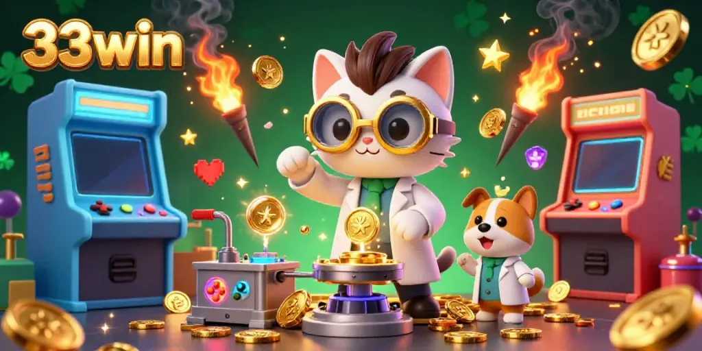Engage with thrilling casino action at 33win while enjoying vibrant arcade elements and animated 3D characters in a lively lab.