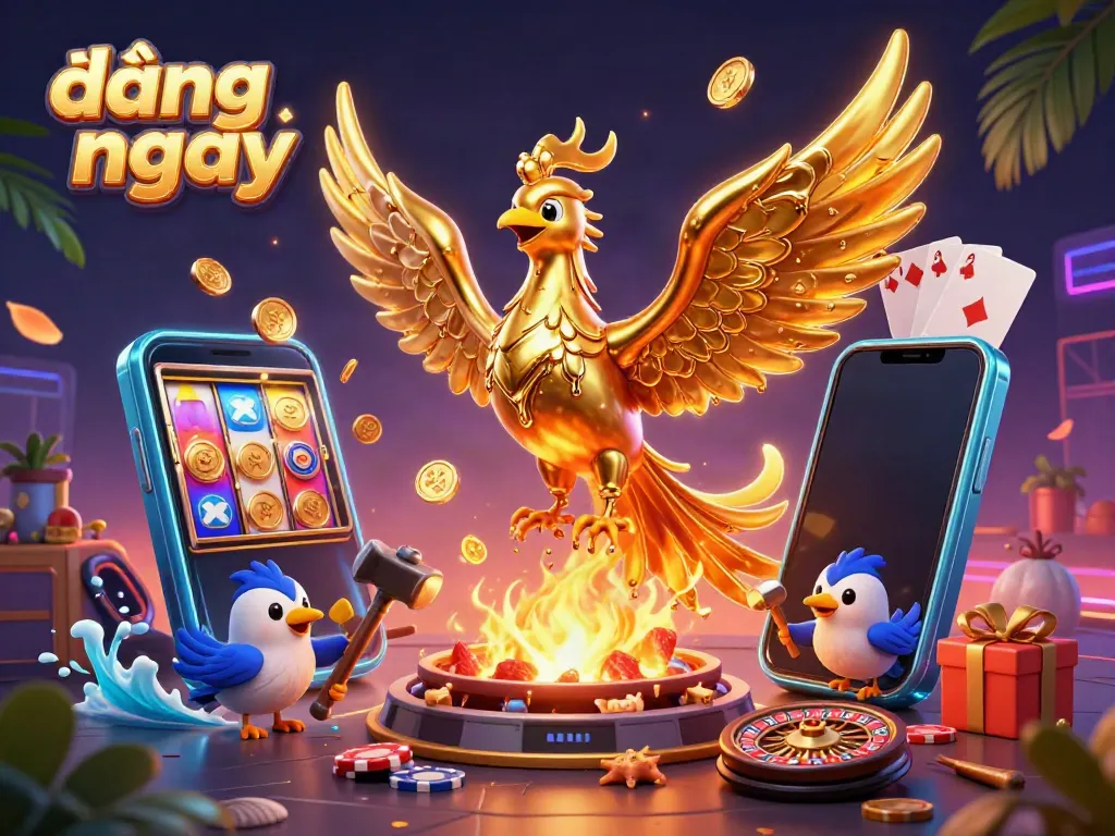 Engage in thrilling gaming with "đăng ký ngay" as golden coins flow from a majestic phoenix amidst vibrant casino elements.