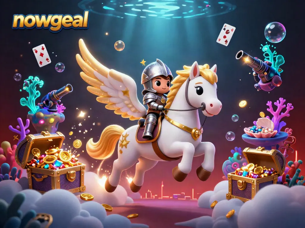 Win big with nowgoal as the celestial knight and horse soar through a dazzling gambling scene.