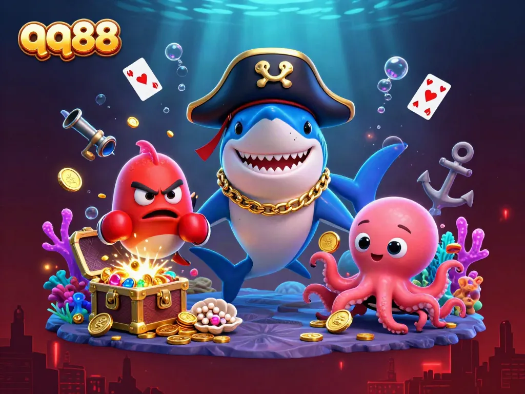 Experience thrilling moments at qq88 with a cartoon pirate shark, pufferfish, and octopus surrounded by treasure.