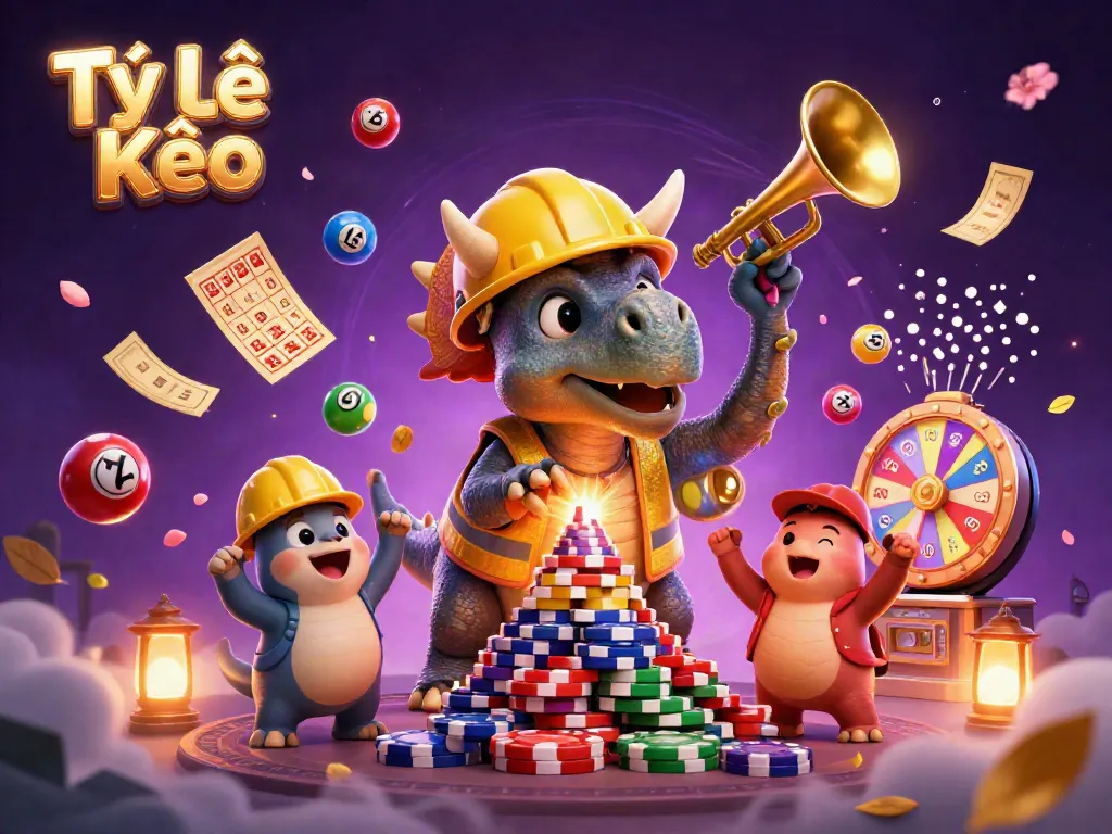 Engage with Tỷ Lệ Kèo as cartoon dinosaurs build a casino scene full of excitement.