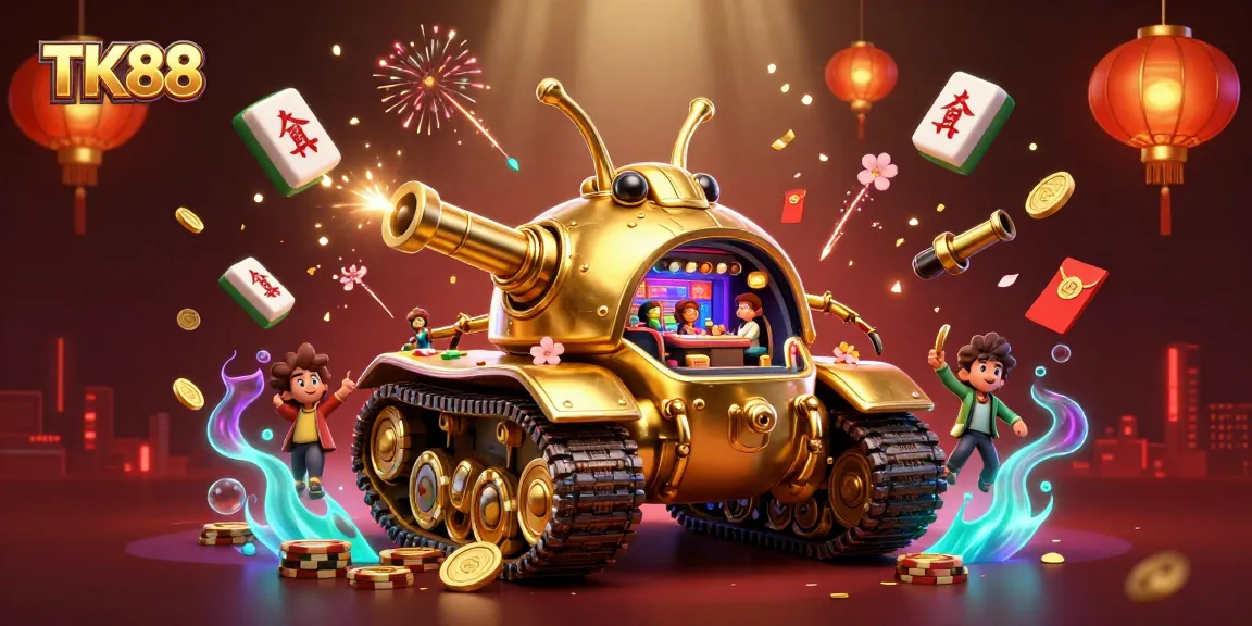 Experience the excitement of TK88 with a vibrant 3D casino tank scene filled with games and festivities.