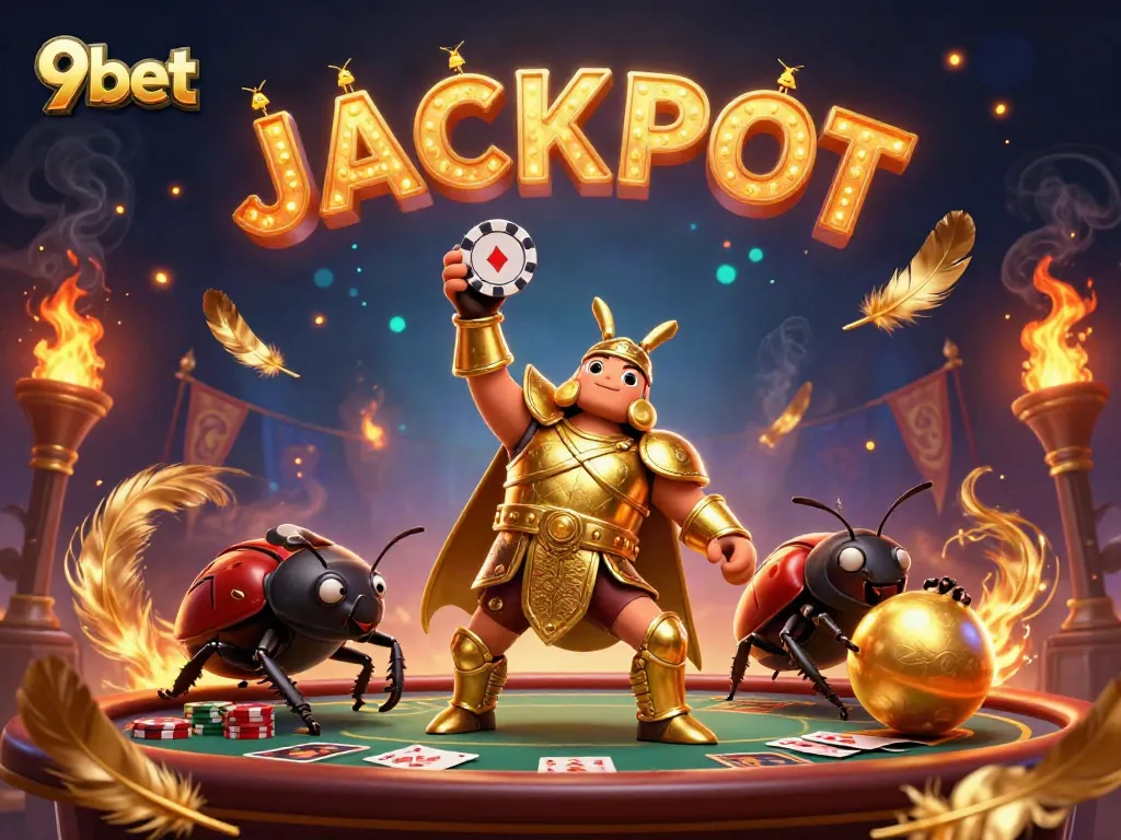 Experience big wins with 9bet's vibrant 3D casino scene showcasing victory with poker and golden elements.