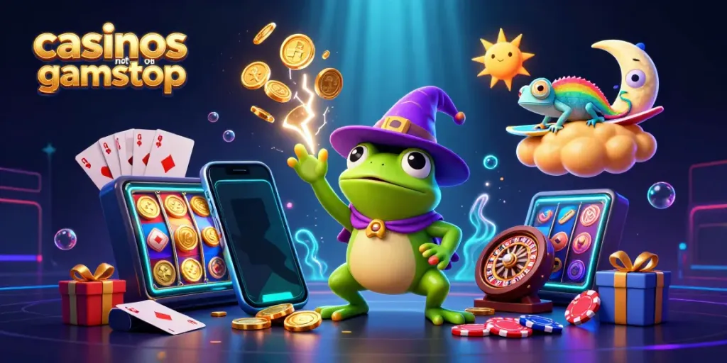 Experience the excitement at casinos not on gamstop with vibrant colorful gaming elements and lively characters.