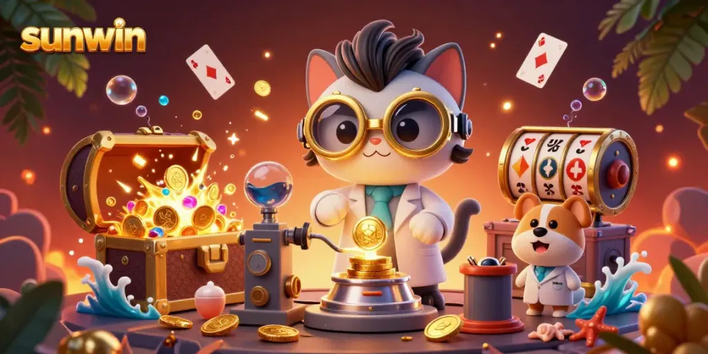 Experience sunwin's vibrant gaming atmosphere with cartoon characters and dynamic casino elements