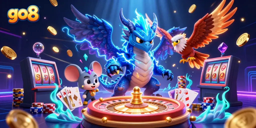 Join go8 gameplay in an electric fantasy realm filled with golden coins and roulette excitement.