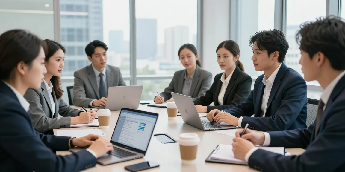 Team discussing business phone providers in a modern office setting.