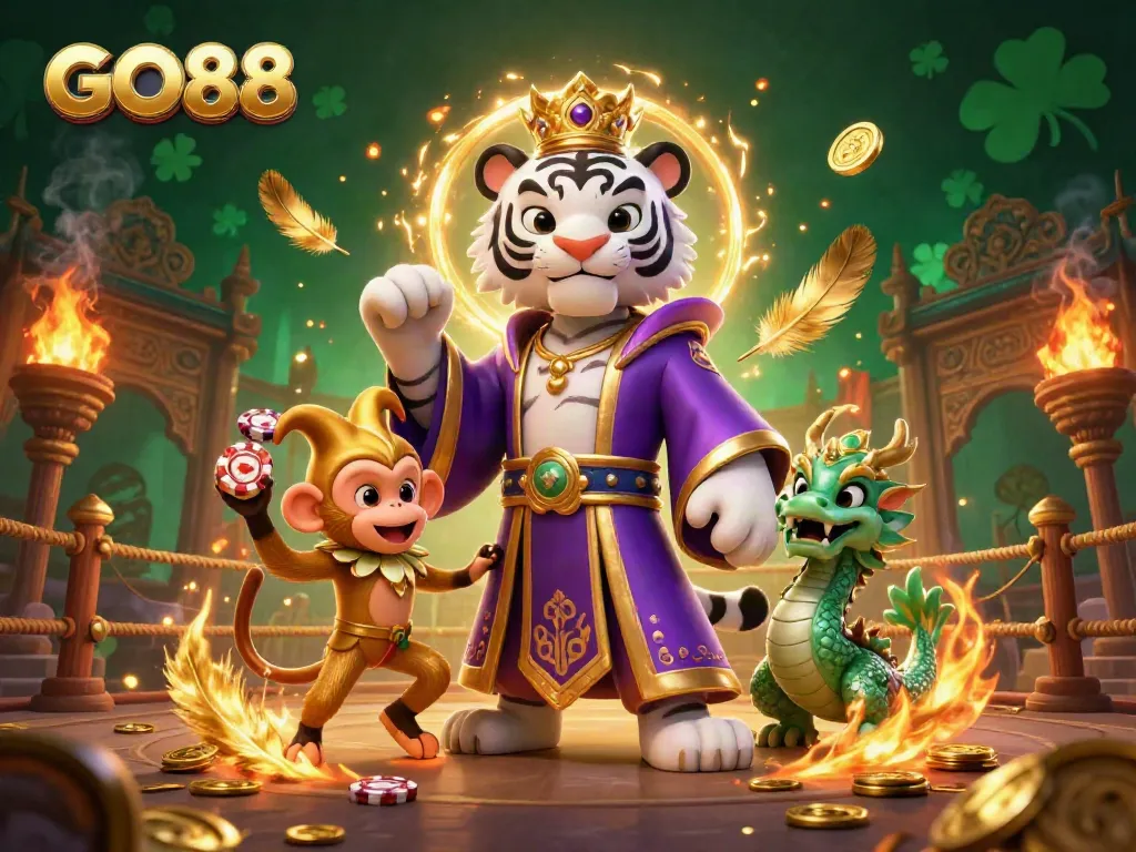 Experience the thrilling gameplay at GO88 with a dynamic scene of a tiger, monkey, and jade dragon in a casino setting.