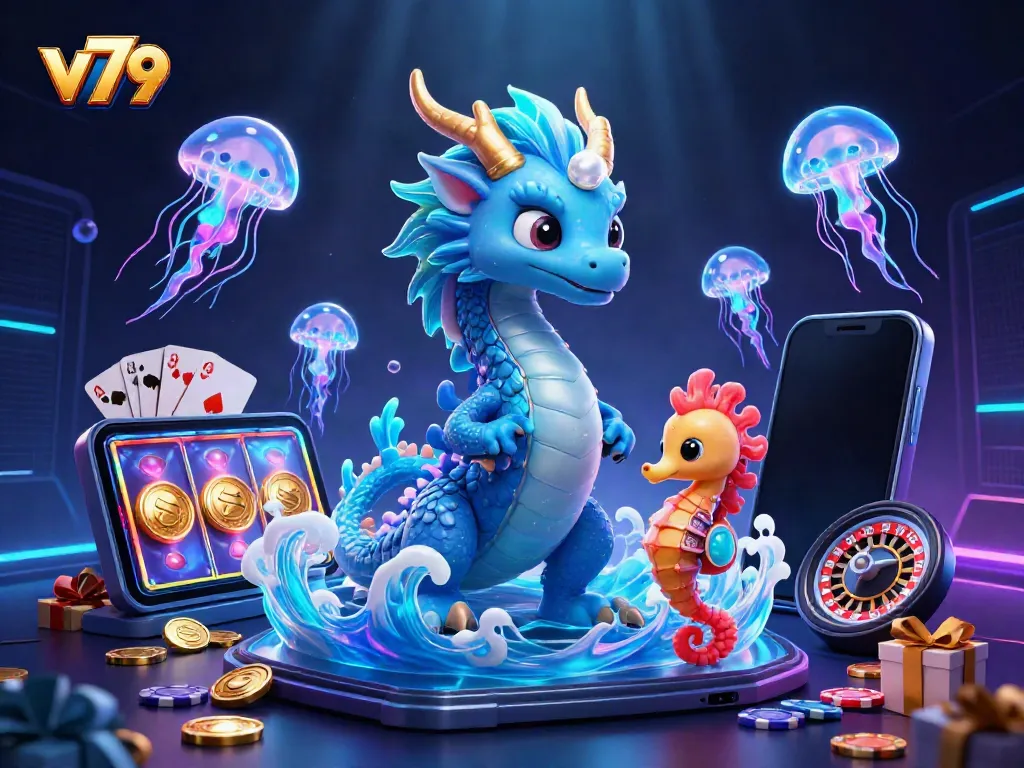 Engage with vibrant v79 online casino gaming featuring a water dragon, knight, and jellyfish.