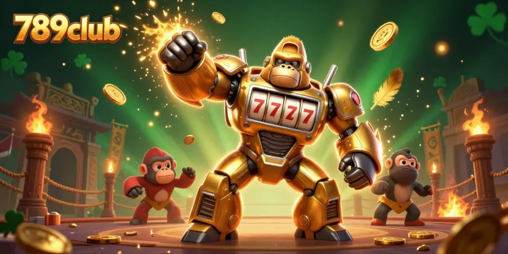 Experience the thrilling action at 789club with a vibrant illustration of a golden gorilla mech amidst a dynamic casino scene.