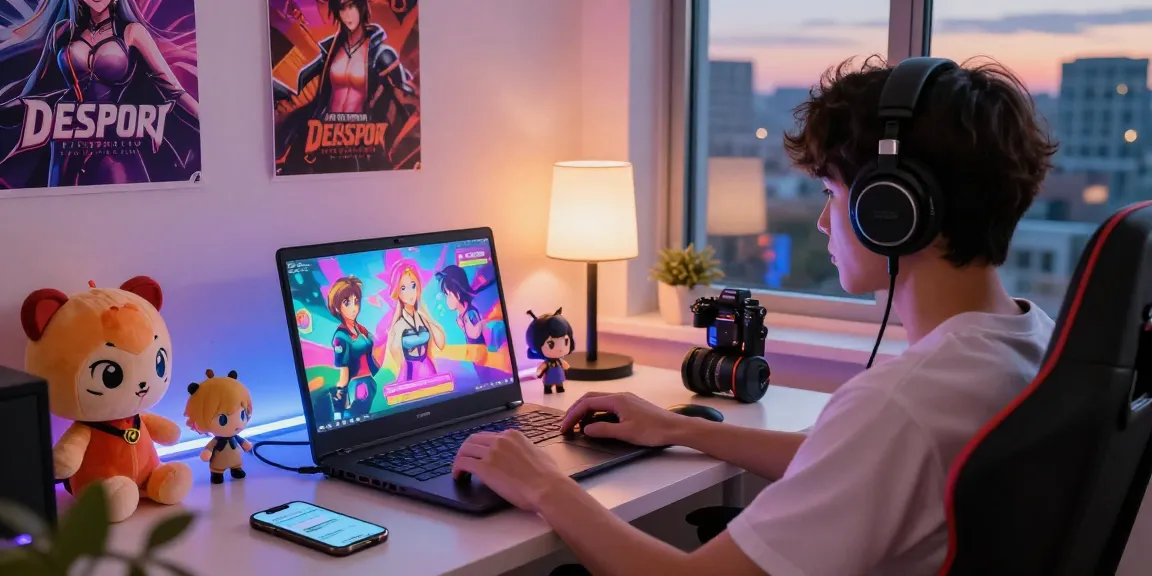 Playful gaming setup featuring lewdspot games with vibrant characters and cozy atmosphere in a modern bedroom.