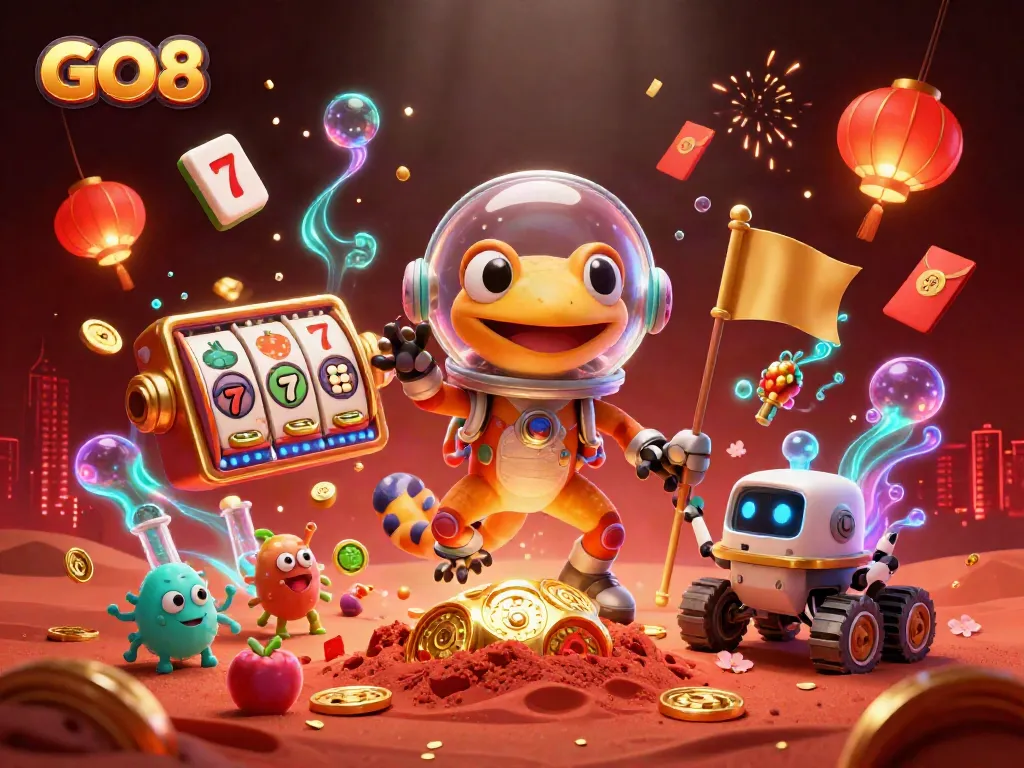 Experience the thrill of GO8 as an alien gecko uncovers a hidden casino in a vibrant cosmic setting.
