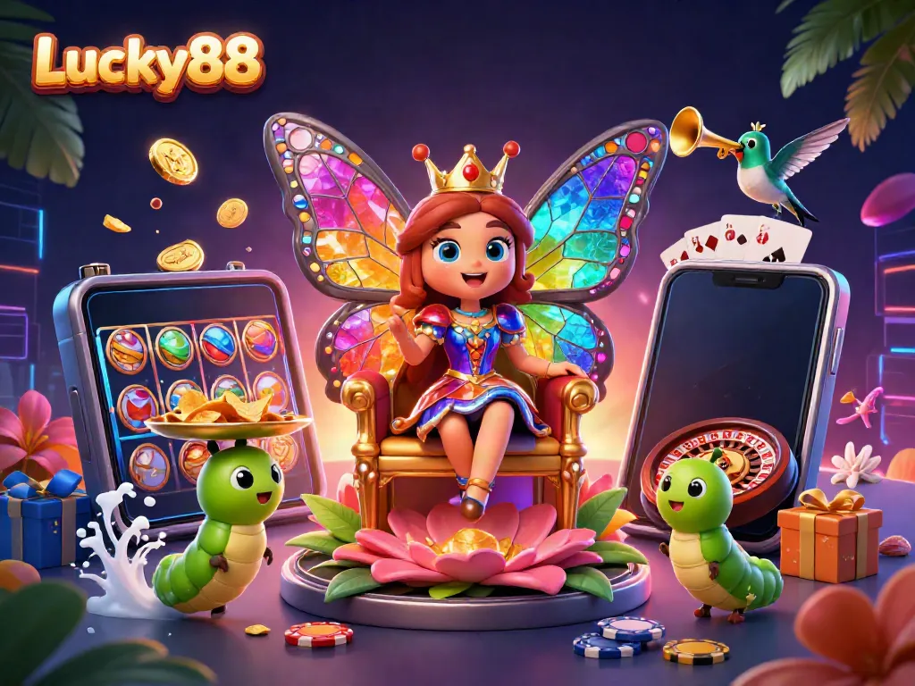Spin to win big with Lucky88 in this vibrant casino scene featuring a butterfly queen and gaming elements.