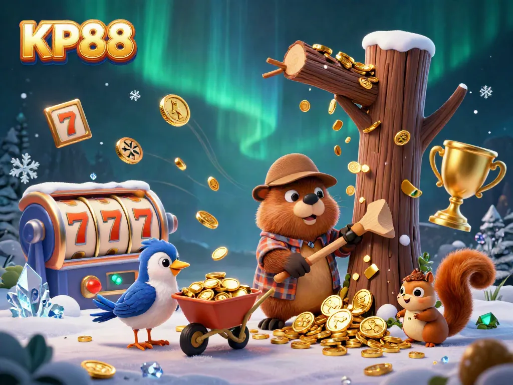 KP88 beaver and friends collect golden coins in a vibrant casino scene, showcasing fun gaming elements.