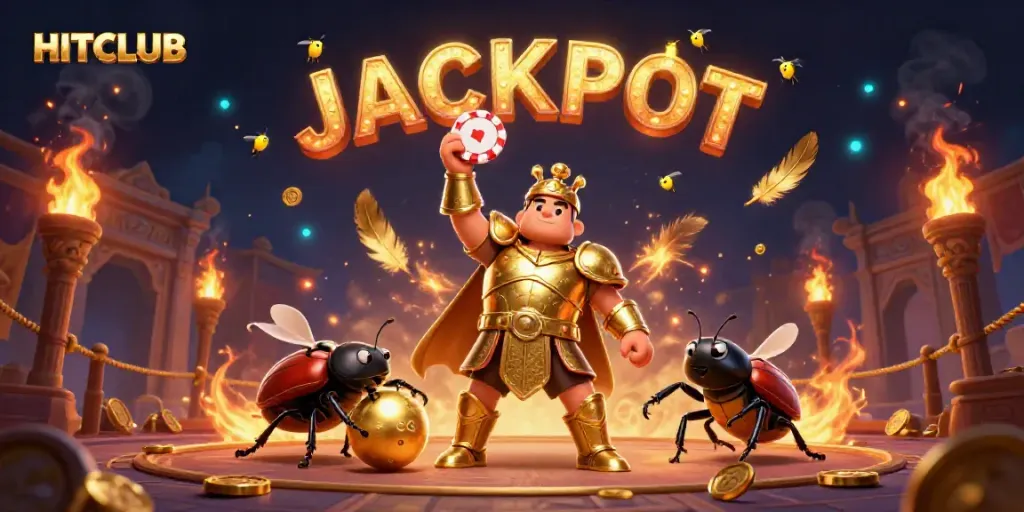 HITCLUB showcases a victorious beetle in golden armor, surrounded by game elements and excitement.