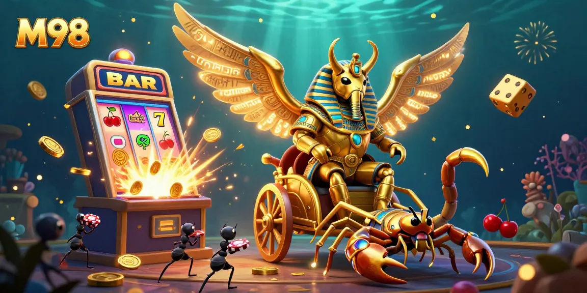 M98 gaming experience with a golden scarab and scorpions amidst explosive slot machine winnings.