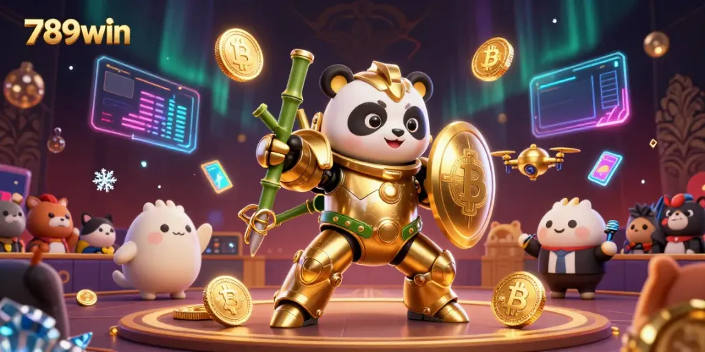 Experience the excitement of 789win with a vibrant 3D casino battle featuring a golden panda in robot armor.