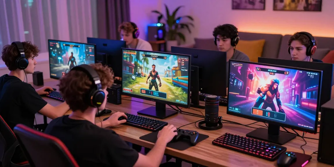 Exciting players immersed in a thrilling porn game experience, showcasing interactive gameplay and gaming accessories in a lively setting.