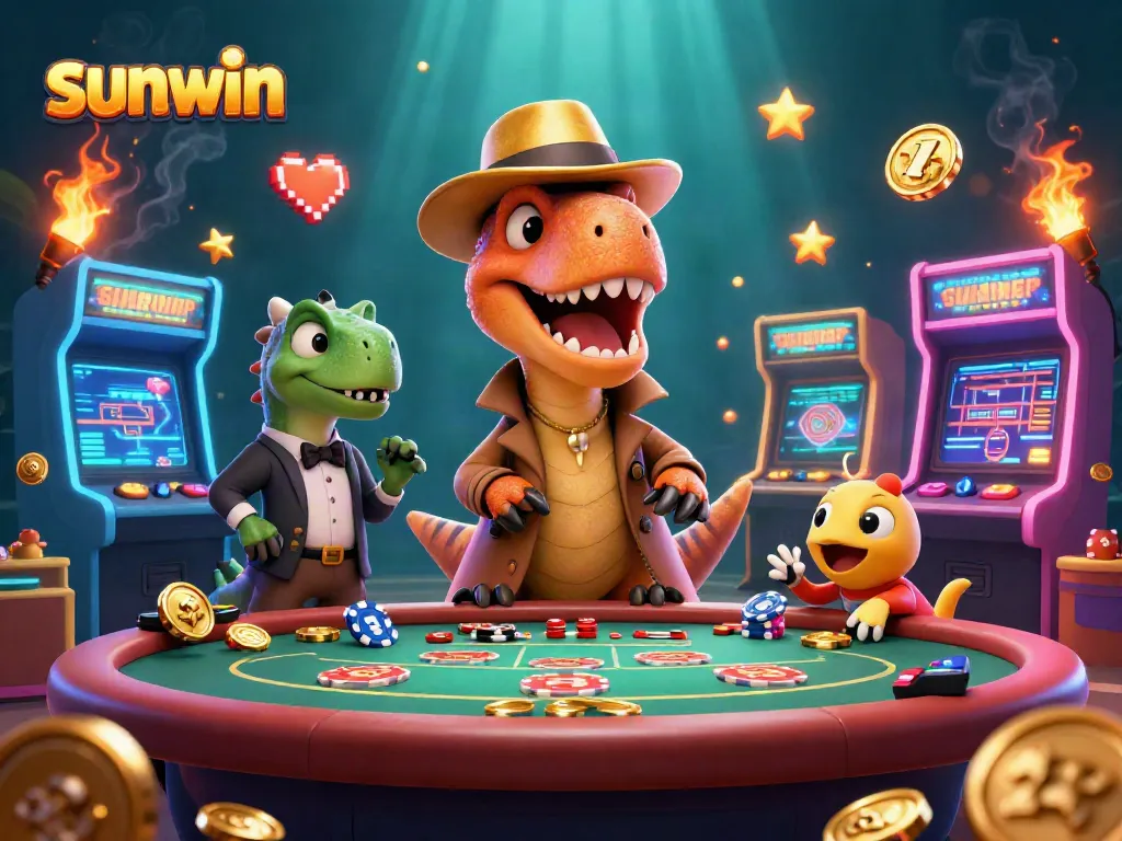 sunwin's vibrant casino adventure scene with a clever velociraptor card counter at the blackjack table.
