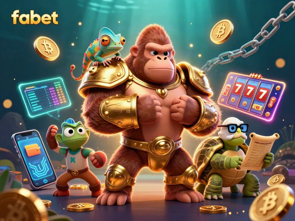 Experience the excitement of fabet with a lively 3D casino scene featuring a gorilla king and vibrant slot symbols.