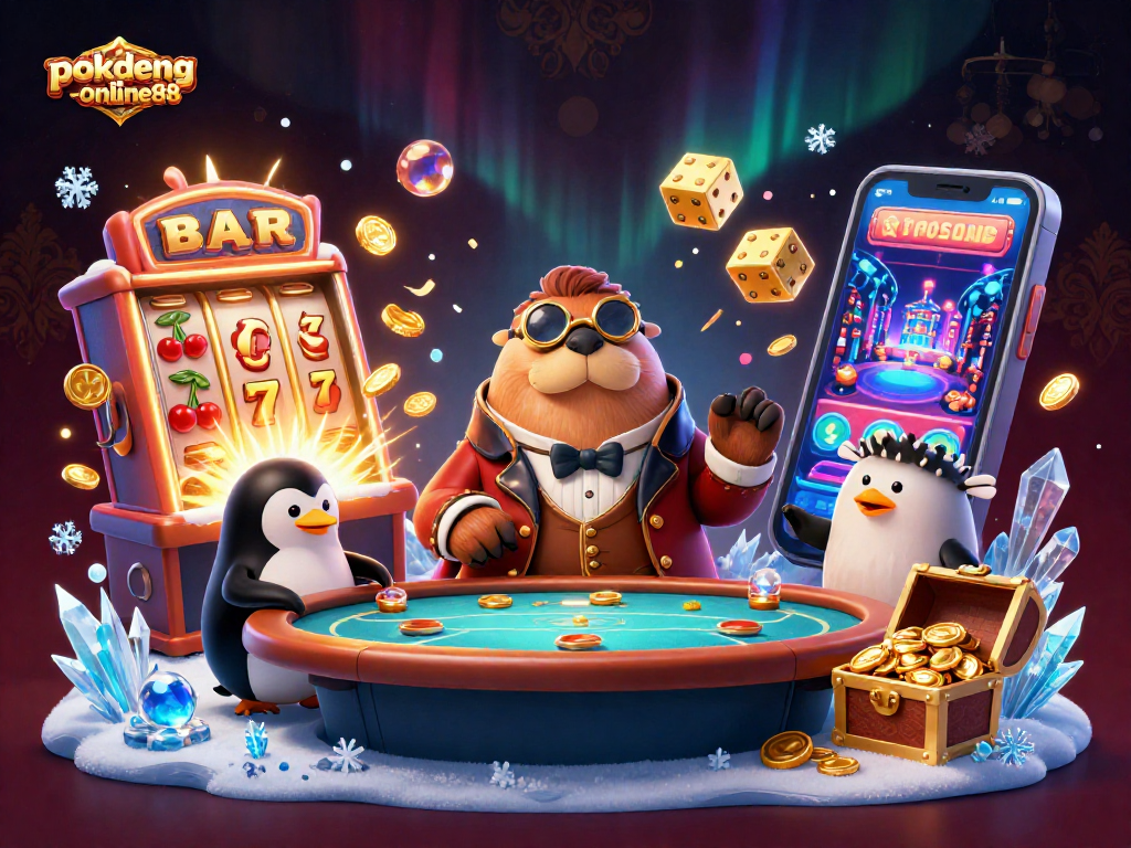 Experience the thrill of poker with pokdeng-online88 as a walrus and dealer face off at an underwater table.