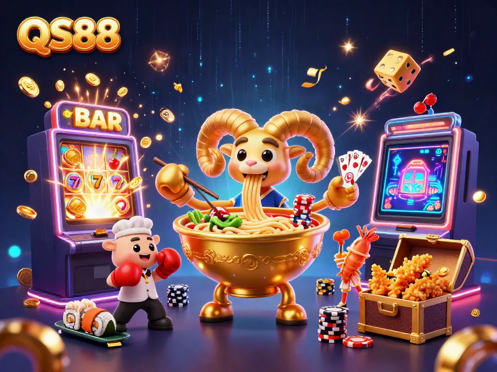 Join the excitement at QS88 as a giant golden ramen bowl character spins cards with casino symbols and vibrant cheerleaders.