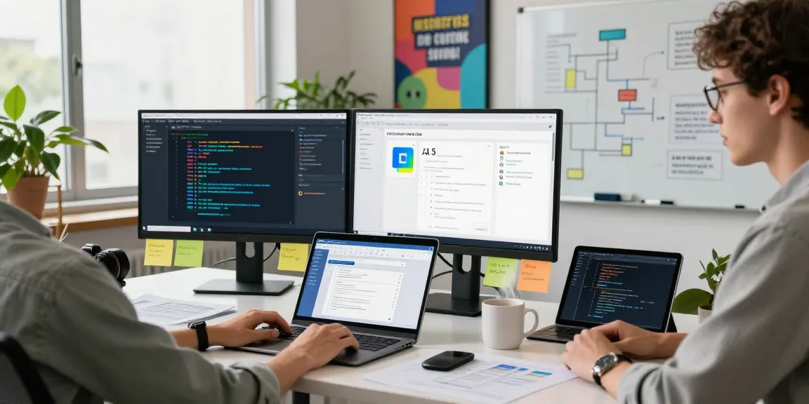 Build internal tools with AI in a modern workspace featuring dual monitors, coffee, and vibrant sticky notes.