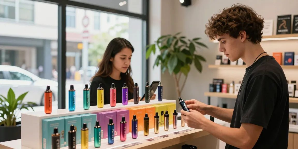 Engaging retail scene with THC vapes on display, inviting atmosphere.