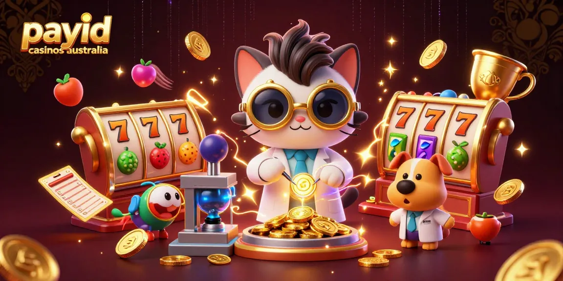 Engage with payid casinos Australia featured in a vibrant 3D digital scene of a mad scientist and golden coins.