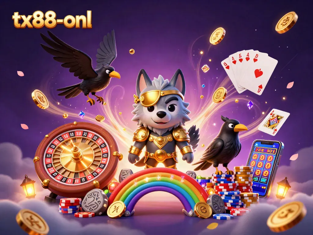 Experience the thrill of tx88-onl with an epic casino scene featuring a Norse wolf and cascading treasures.