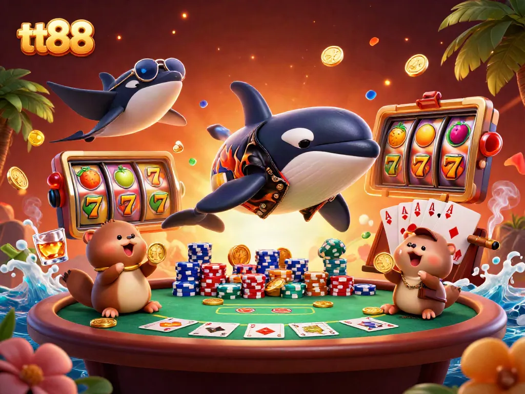 Play and win big at tt88 with an exciting 3D casino scene of sea creatures and slots.