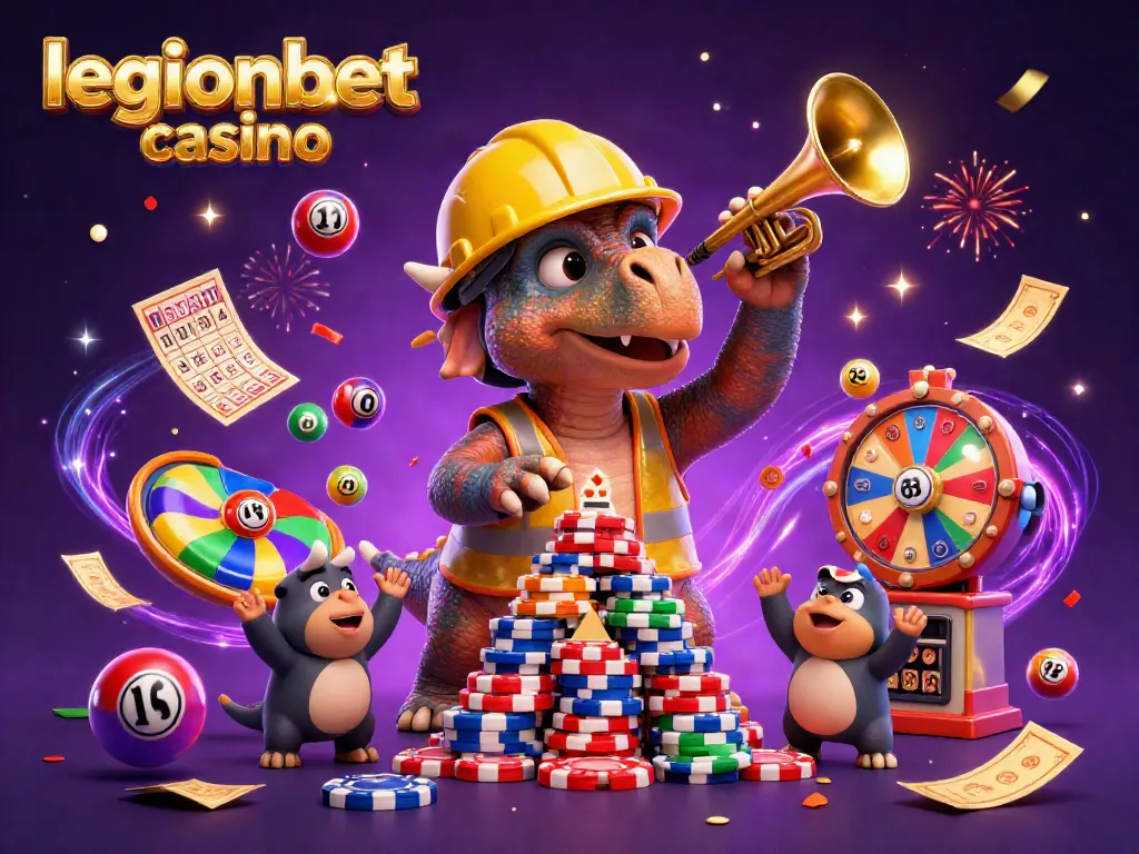 Join the excitement at legionbet casino with a cartoon triceratops building poker chips and lottery fun!