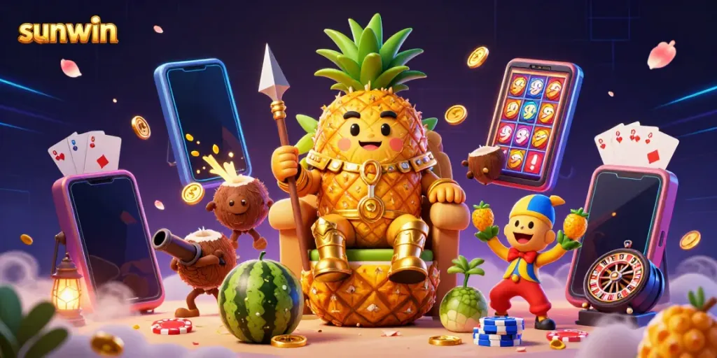 Experience the vibrant world of sunwin with a golden pineapple king and lively gaming elements in this captivating illustration.