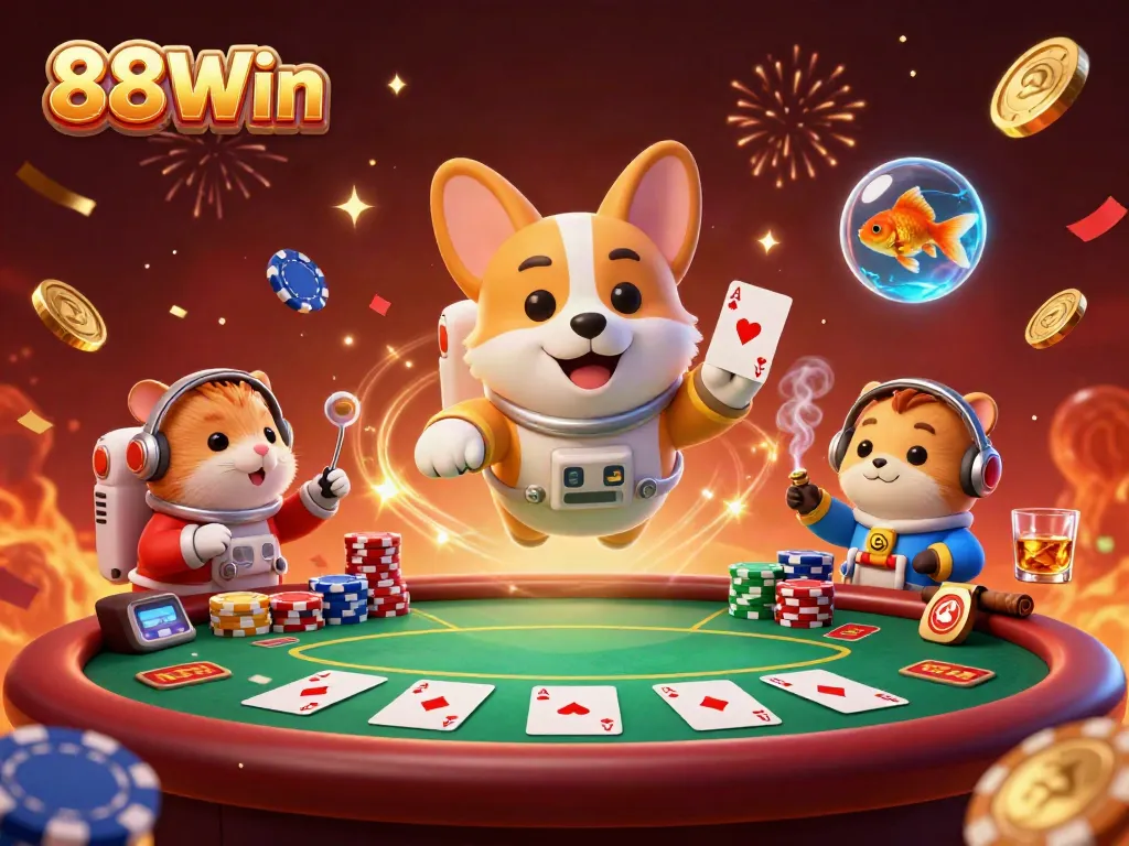 Play poker with 88Win as a floating corgi and friends in a space casino adventure