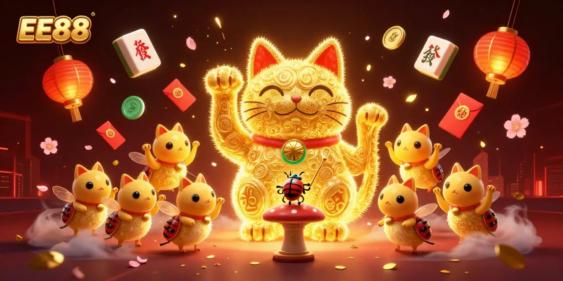 Experience thrilling gameplay with EE88's vibrant casino illustration showcasing lucky symbols and a lucky cat.