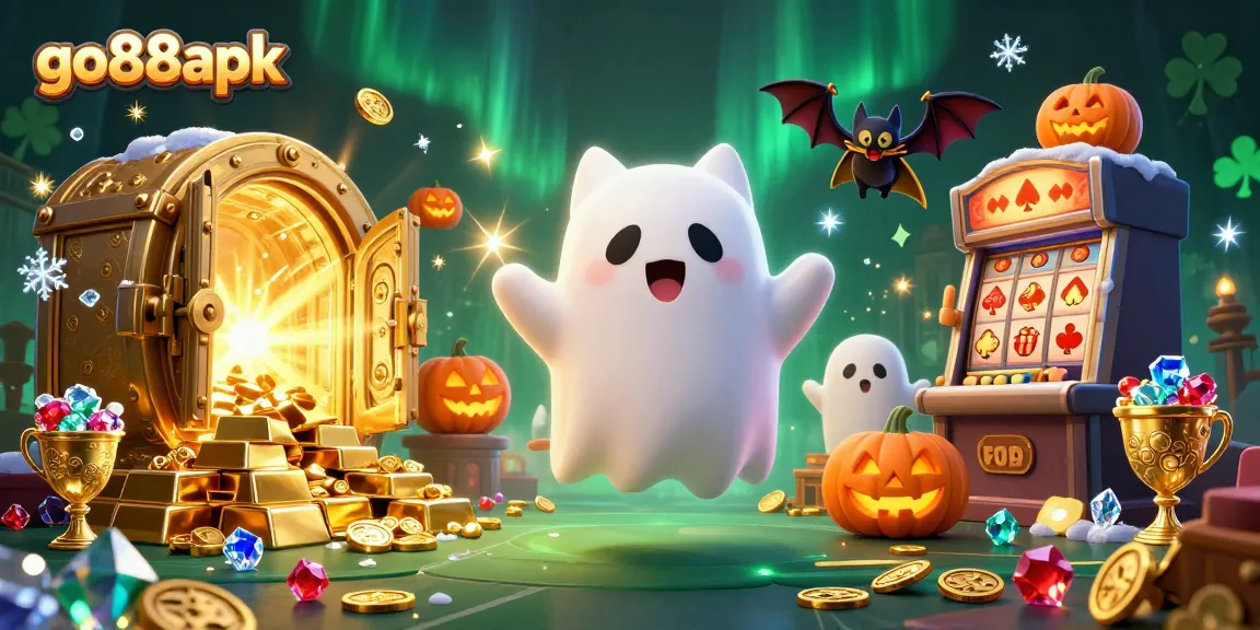 Engage in the thrilling world of go88apk with a dynamic illustration of a ghost cat and vampire bat in a haunted casino