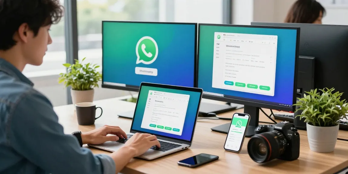 Explore WhatsApp下載 features in a modern tech workspace with a professional at a laptop.