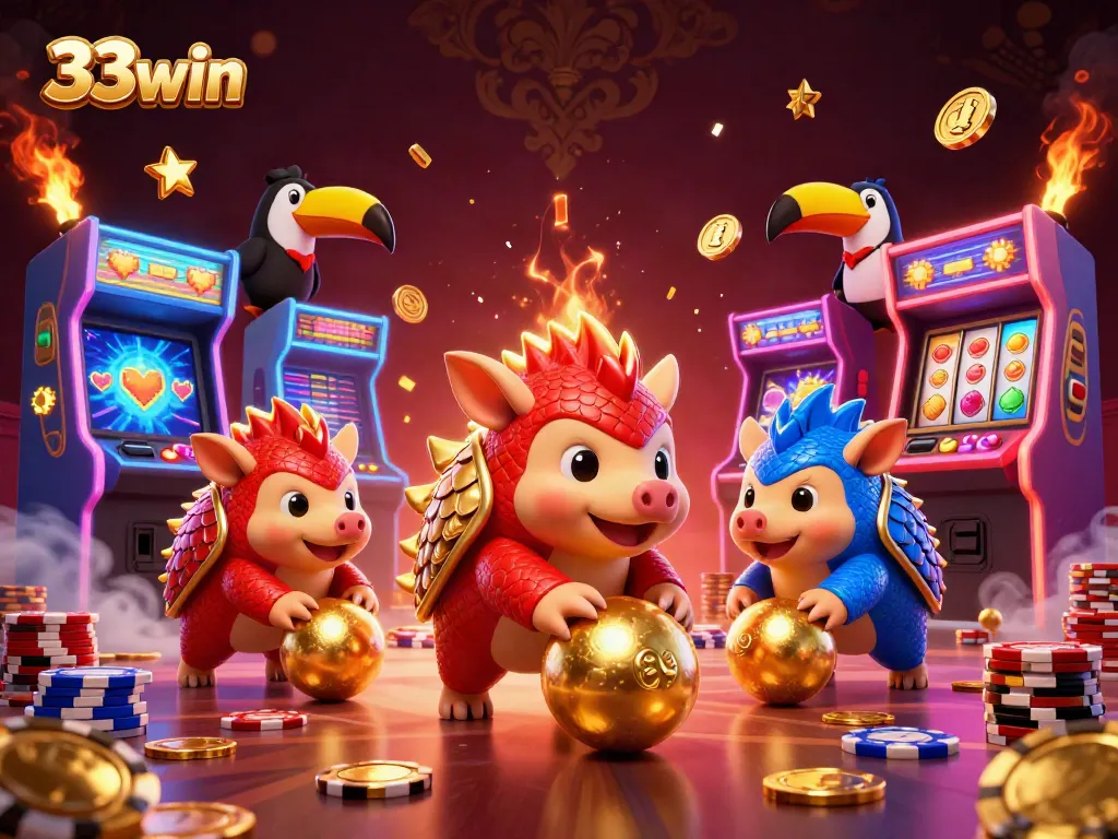 33win pangolins compete in a vibrant casino scene filled with colorful arcade machines and poker chips.