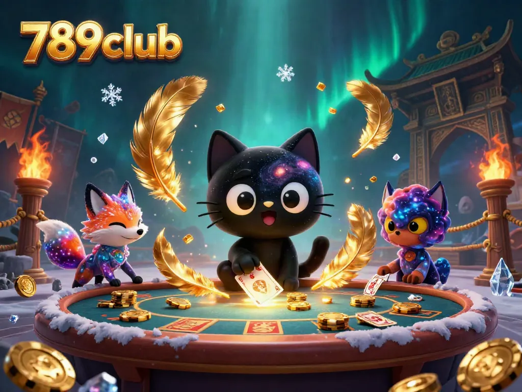 Experience the cosmic charm of 789club with a black hole cat captivating golden chips and cards in a vibrant casino setting.