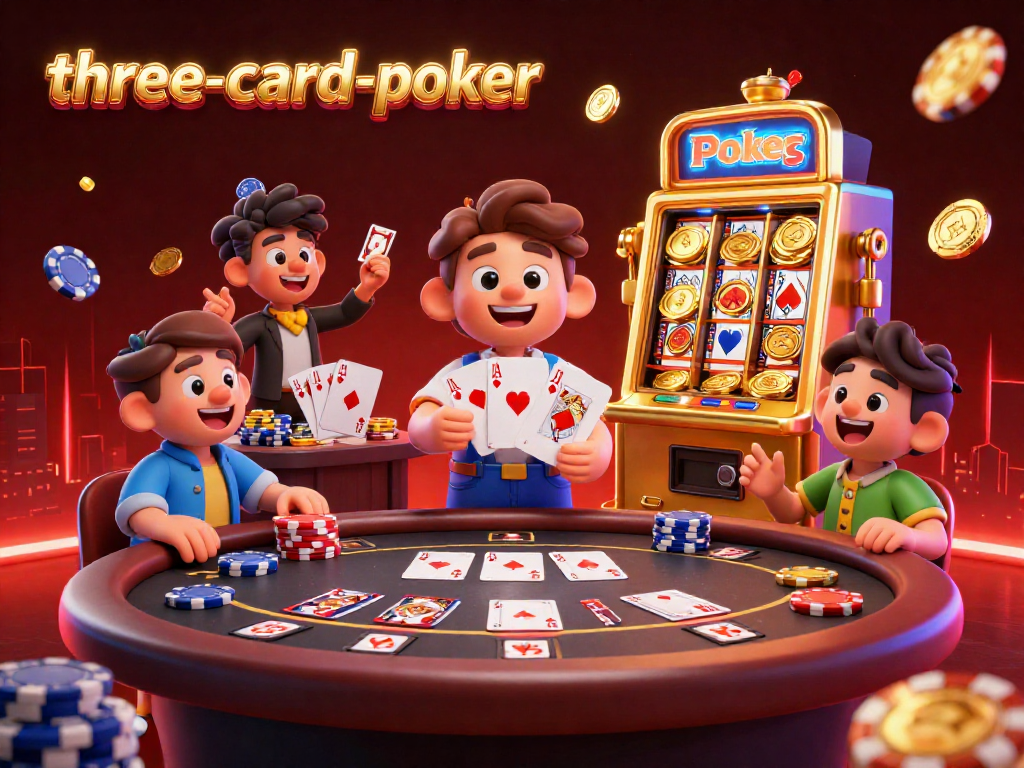 Experience three-card-poker excitement with animated dealers and vibrant casino elements.