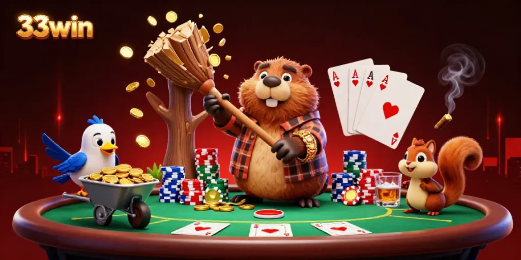 Experience thrilling adventure in 33win’s vibrant casino world, with characters celebrating wins.