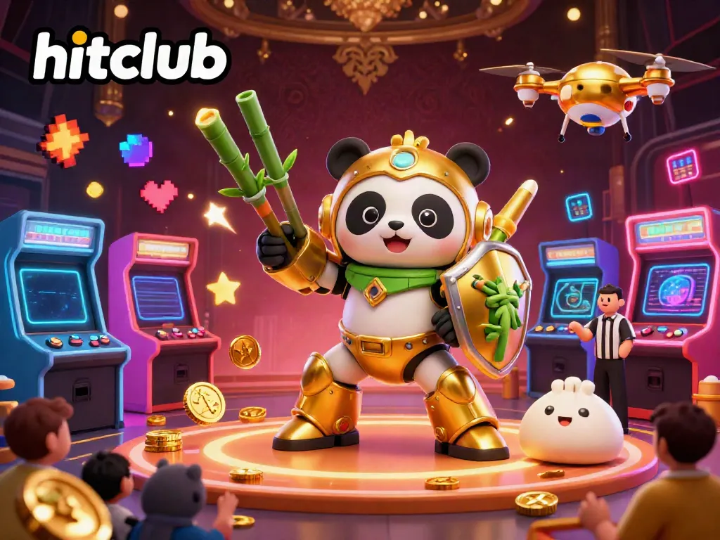 Win big at hitclub with a golden panda in a vibrant gambling arena filled with arcade elements.