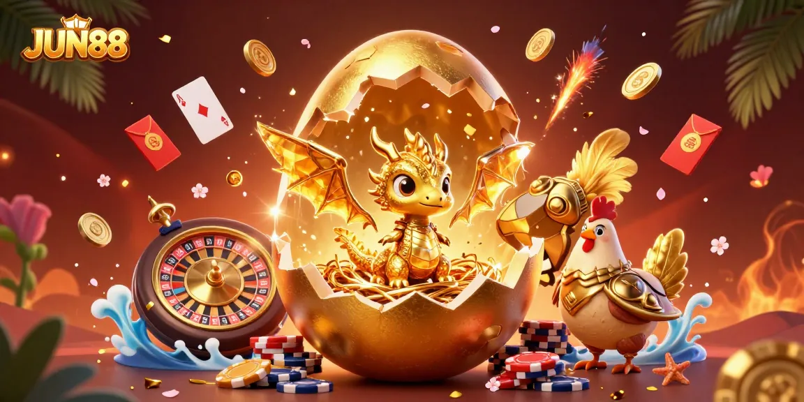 Experience thrilling gameplay at JUN88 with a lively 3D illustration of casino elements and characters.