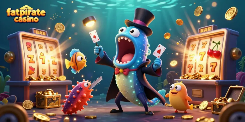 Experience the thrills of fatpirate casino with this vibrant 3D illustration of underwater fun and games.