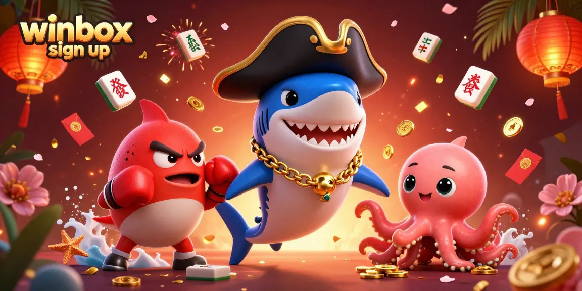 Join the excitement of winbox sign up with this energetic casino-themed illustration featuring a pirate shark and friends.