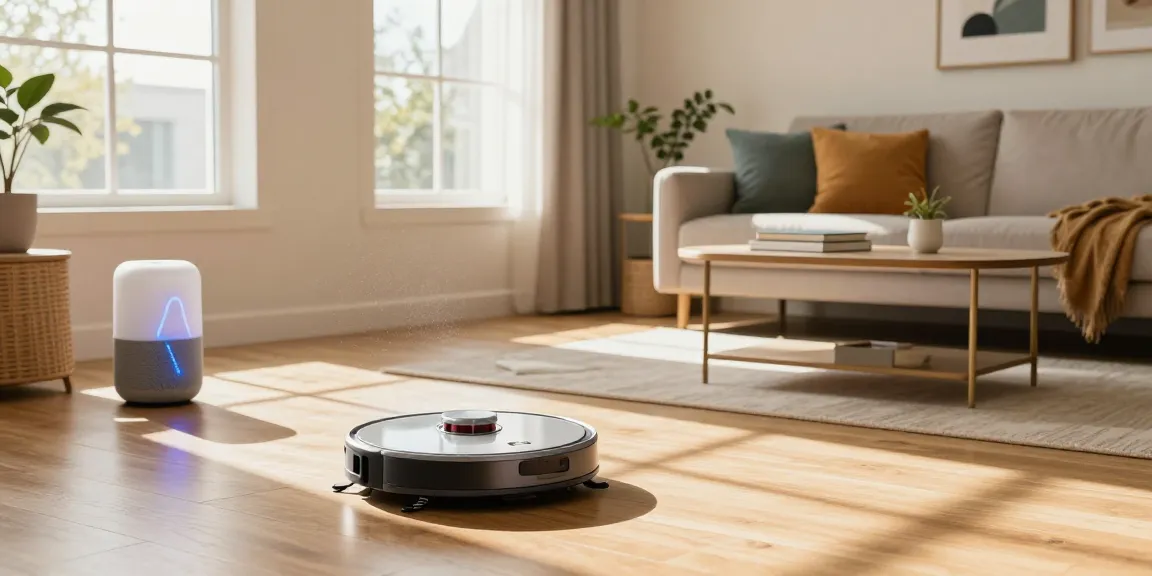 robot vacuum 2026 gliding across hardwood floors in a modern living room with natural light