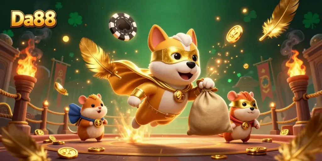 Engage in thrilling gaming adventures with Da88 featuring a superhero dog and hamster surrounded by vibrant casino elements.