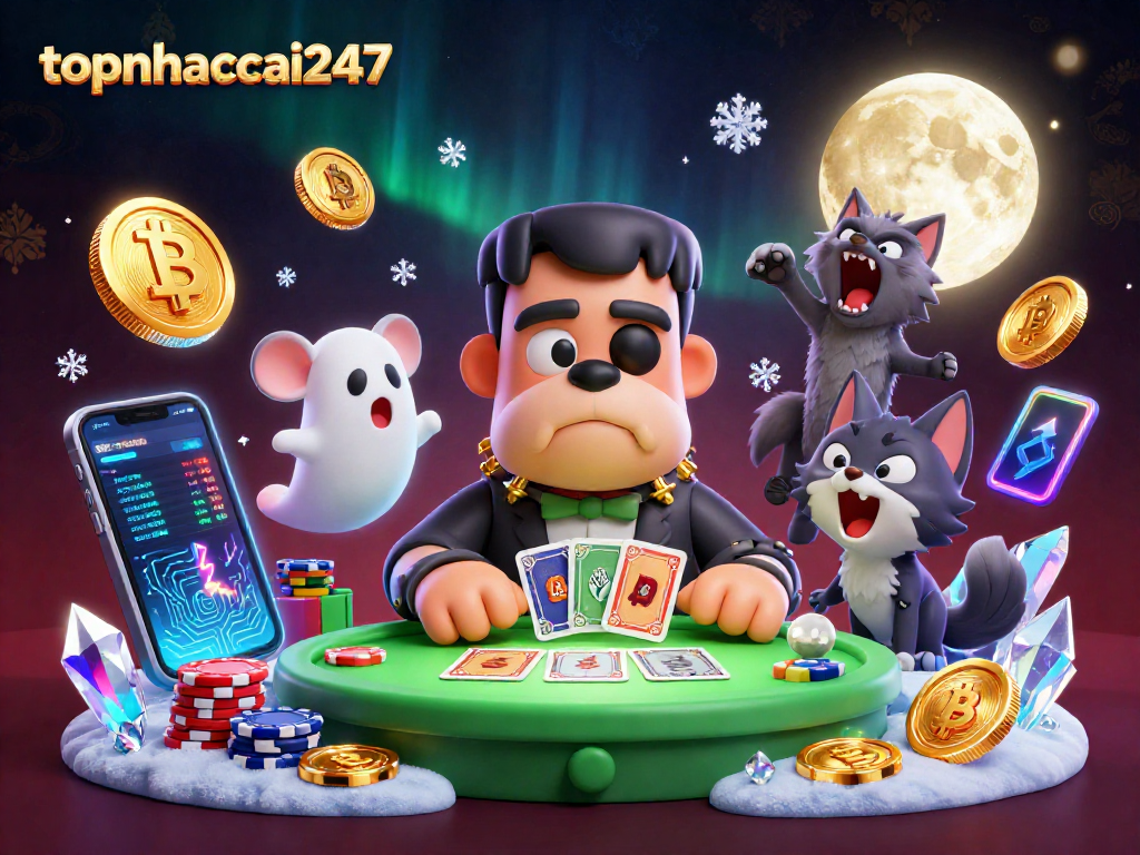 Engage with topnhacai247's thrilling 3D casino scene showcasing a Frankenstein bulldog monster dealing cards amidst glowing crypto coins.