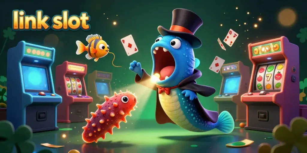 Engage in vibrant link slot action with bioluminescent characters performing magical tricks amidst jackpot symbols.