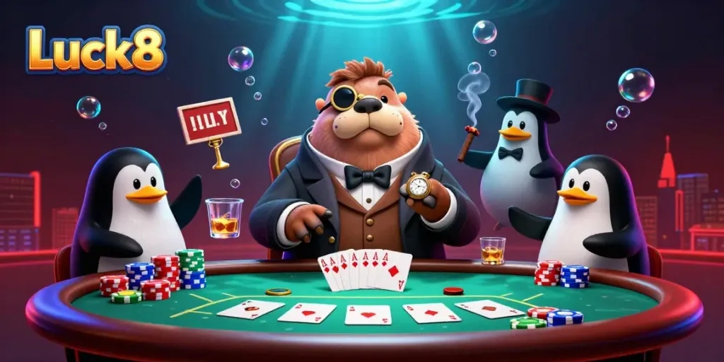 Luck8 showcases a whimsical underwater poker scene with a jolly walrus and friends playing cards.